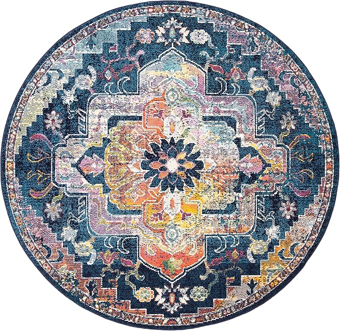 SAFAVIEH Crystal Collection Area Rug - 7' Round, Navy & Fuchsia, Medallion Distressed Design, Non-Shedding & Easy Care, Ideal for High Traffic Areas in Living Room, Bedroom (CRS501H)