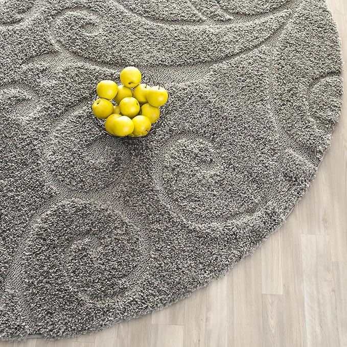 SAFAVIEH Florida Shag Collection Area Rug - 4' Round, Grey, Scroll Design, Non-Shedding & Easy to Clean, High-Low Plush Pile, Ideal for Living Room, Bedroom, Dining Space (SG455-8013)