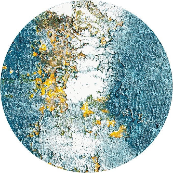 SAFAVIEH Glacier Collection Area Rug - 5'3" Round, Blue & Gold, Modern Abstract Design, Non-Shedding & Easy Care, Ideal for High Traffic Areas in Living Room, Bedroom (GLA125M)
