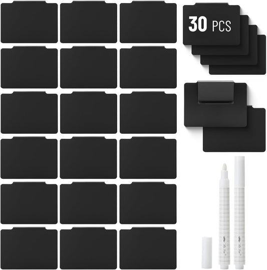 Basket Labels Clip On Set, 32 pcs — 30 Removable Bin Labels Clip On with 2 Chalk Markers