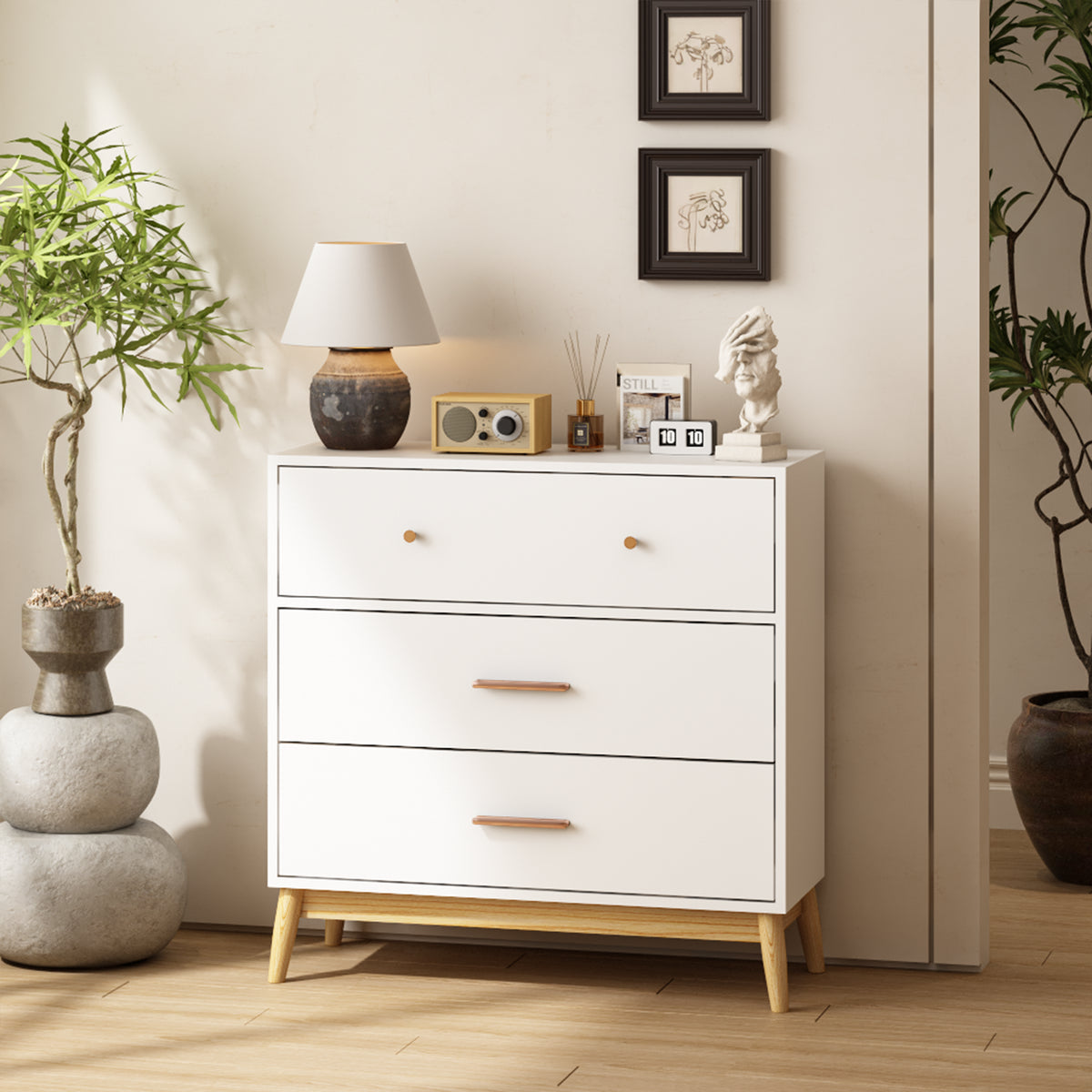 Nordic Style 3-Drawer Storage Cabinet, Modern White Chest Of Drawers With Rose Gold Handles & Solid Wood Base, Small Space Organizer For Office, Kids Room, Nursery - Image 2