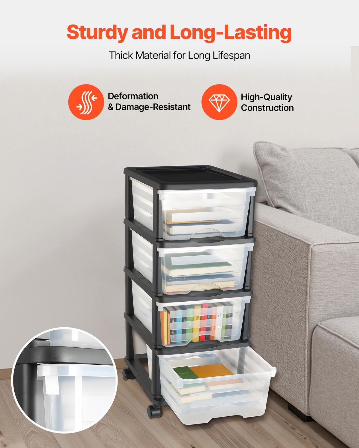 Plastic Storage Drawers Cart, 4 Drawers Storage Organizer With Wheels, Rolling Closet Organization And Storage Dividers, Dresser Organizer Clear Bins For Office Supplies, Craft Roo - Image 2