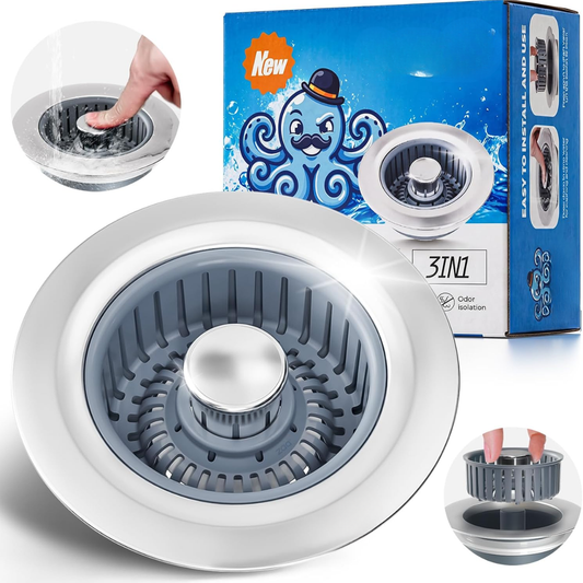 Sink Drain Strainer Sink Stopper Kitchen Drain, 3 In 1 Kitchen Sink Drain Strainer With Anti Clogging Basket Kitchen Gadgets Clearance Sink Accessories, Fit US Standard 3-1 2'' Sin