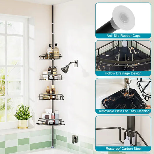 Corner Shower Caddy Tension Pole, Quick Setup, Rust-Free Bathroom Shower Organizer Corner For Bathtub Shampoo Storage, 4-Tier Adjustable Shelf, Drill Free, Fits 8.66 To 116 Inch He