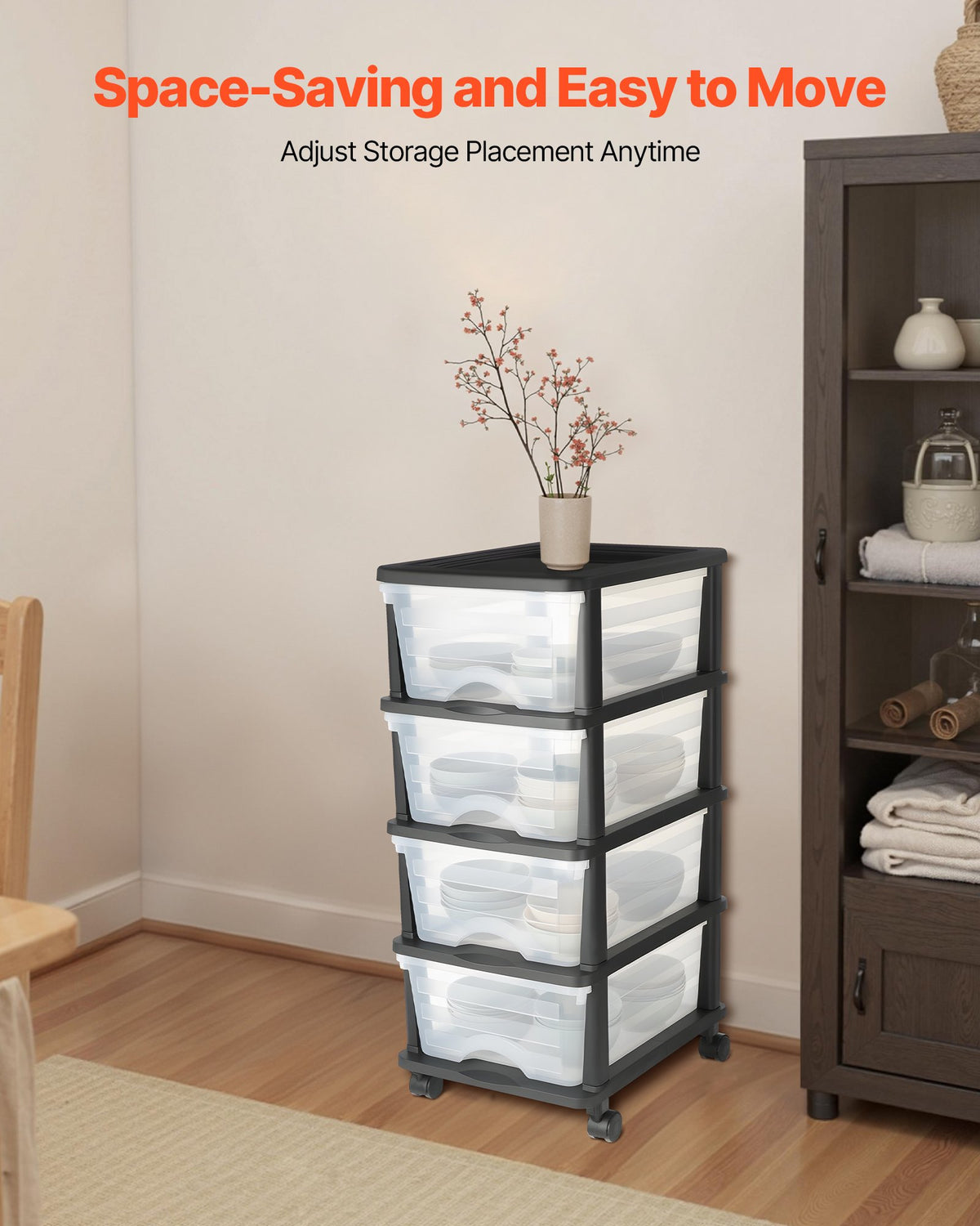 Plastic Storage Drawers Cart, 4 Drawers Storage Organizer With Wheels, Rolling Closet Organization And Storage Dividers, Dresser Organizer Clear Bins For Office Supplies, Craft Roo - Image 4