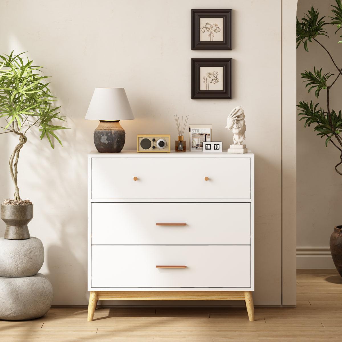 Nordic Style 3-Drawer Storage Cabinet, Modern White Chest Of Drawers With Rose Gold Handles & Solid Wood Base, Small Space Organizer For Office, Kids Room, Nursery