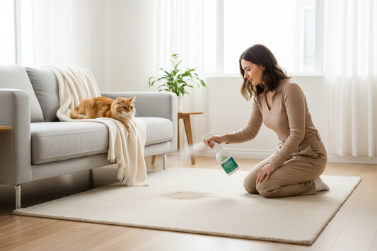 Eco StronEco Strong enzyme cat urine cleaner being safely used on carpet with cat nearby in home
g 고양이 얼룩 제거제 사용 장면
