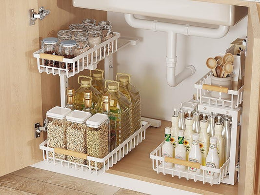 Metal Adjustable Height Two-Tier Drawer Kitchen Bathroom Under Sink Storage Rack