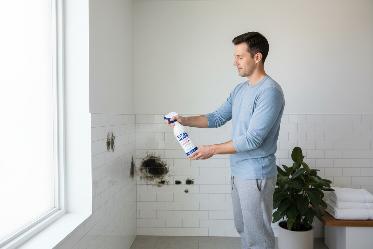 Vital Oxide EPA-registered disinfectant being sprayed on bathroom mold stains for safe home remediation
